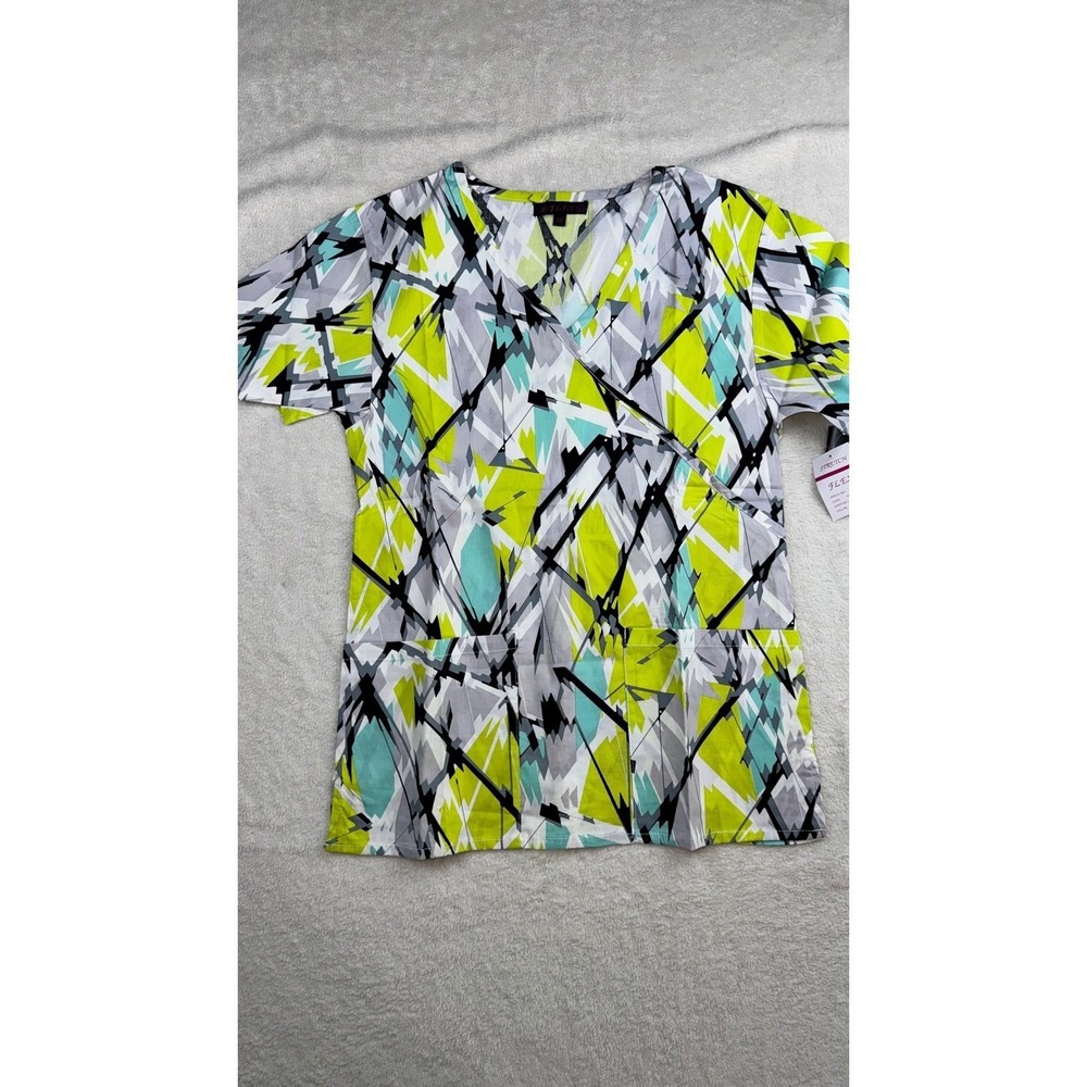 Flex Scrubs Women's V Neck Geometric‎ Print Scrub Top Lt Grey Size Large NWT